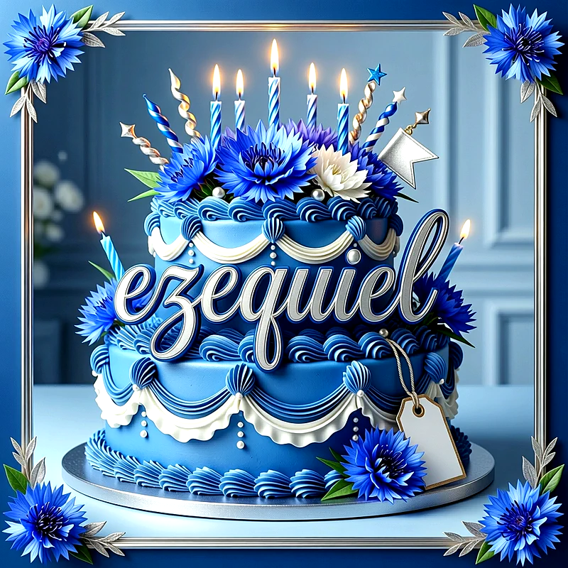 Tarta de cumpleaños de dos pisos en color azul decorada con flores azules, velas encendidas y el nombre Ezequiel escrito en el centro.
