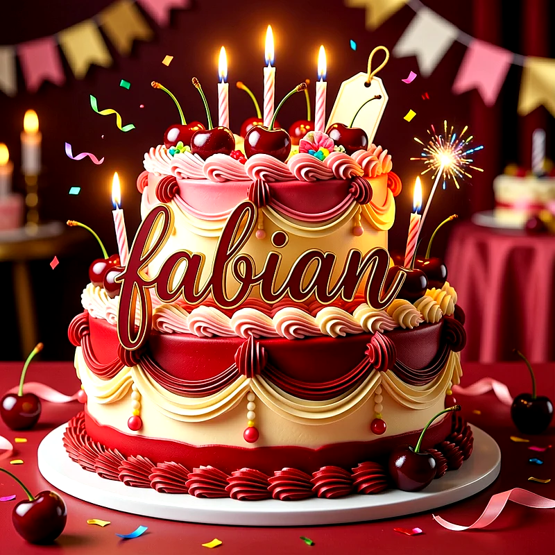 Tarta de cumpleaños de dos pisos en tonos rojo y crema con cerezas, velas encendidas y el nombre Fabian al frente.