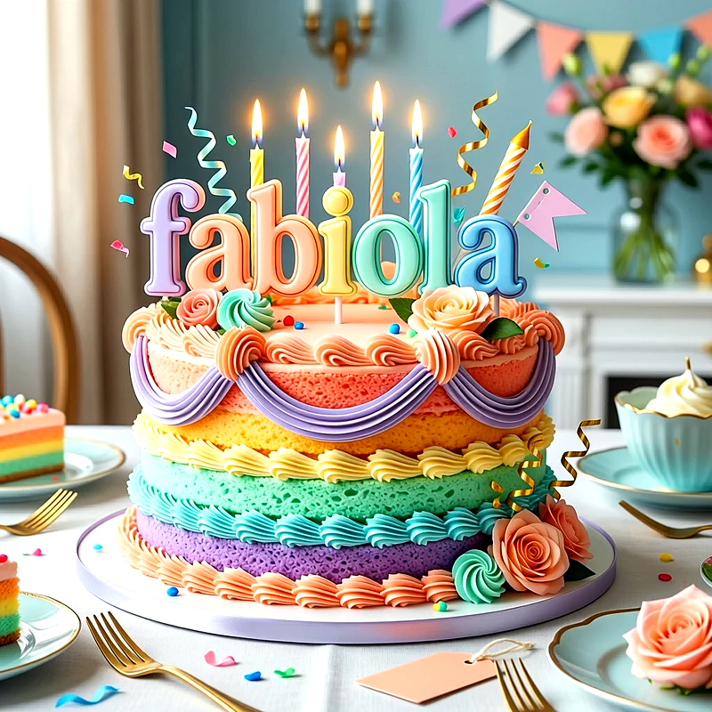 Tarta de cumpleaños multicolor decorada con flores de crema, velas encendidas y el nombre Fabiola escrito en la parte superior en letras de colores pastel.