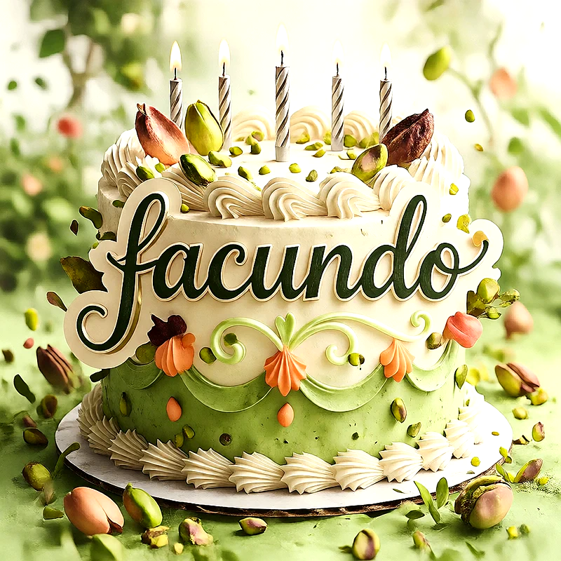 Tarta de cumpleaños blanca y verde decorada con pistachos y velas encendidas, con el nombre Facundo escrito en letras grandes y elegantes sobre el centro del pastel.