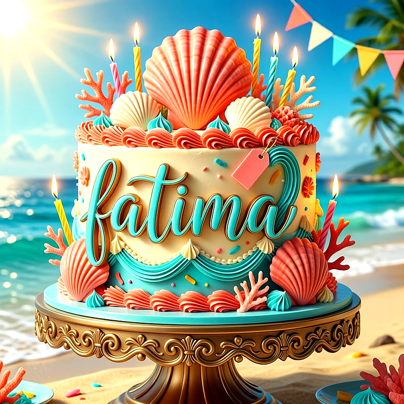 Tarta de cumpleaños temática de playa con conchas marinas, corales y velas coloridas. El nombre Fatima aparece escrito en letras grandes de color turquesa sobre la tarta.