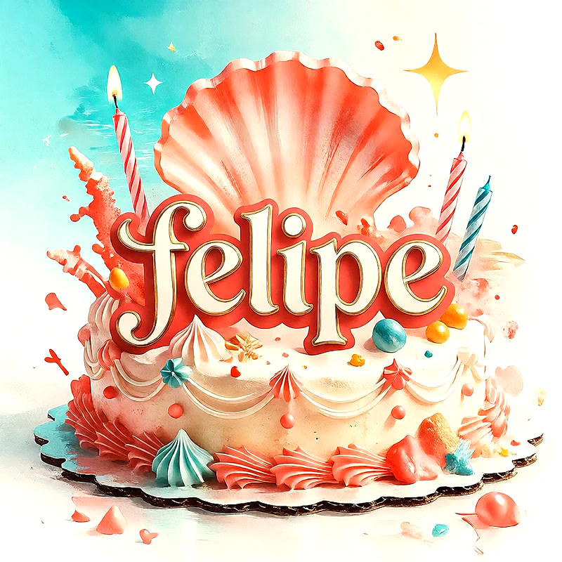 Tarta de cumpleaños de color rosa y blanca con velas encendidas, una gran concha de mar y el nombre Felipe escrito en letras grandes al centro.