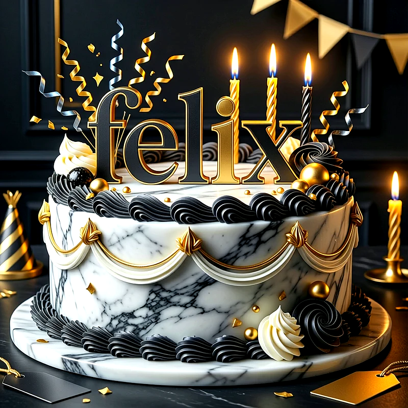 Tarta de cumpleaños elegante con efecto mármol blanco y negro, decorada con detalles dorados y velas encendidas, con el nombre Felix destacado en letras grandes.