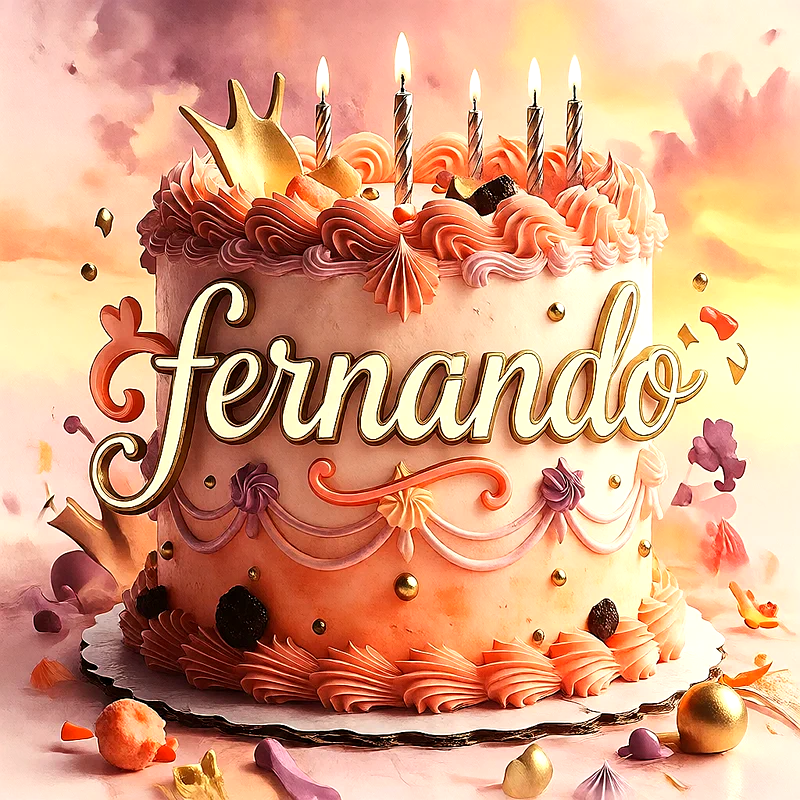 Tarta de cumpleaños rosa con corona dorada y velas encendidas, con el nombre Fernando escrito en letras grandes doradas al frente.