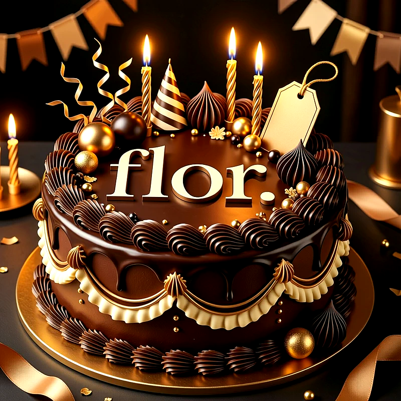 Tarta de cumpleaños de chocolate oscuro con velas encendidas, detalles dorados y el nombre Flor escrito en el centro.
