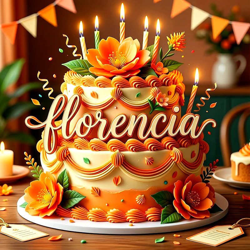 Tarta de cumpleaños de dos pisos en tonos naranja y crema con flores grandes, velas encendidas y el nombre Florencia escrito en letras elegantes sobre el pastel.