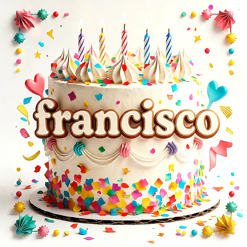 Tarta de cumpleaños blanca con decoración de confeti de colores y velas encendidas, con el nombre Francisco escrito en letras grandes y claras al frente.