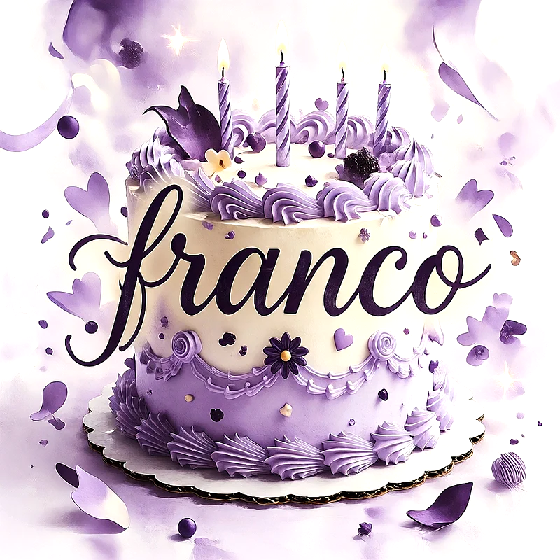 Tarta de cumpleaños de color blanco y lila decorada con flores, corazones y velas encendidas, con el nombre Franco escrito en letras grandes y oscuras al frente.