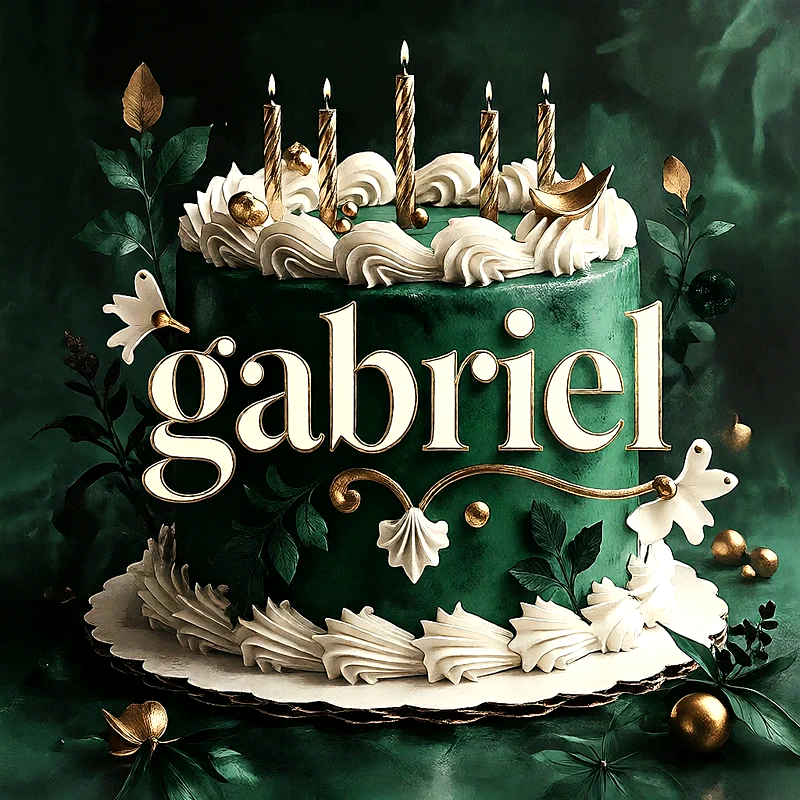 Tarta de cumpleaños de color verde oscuro con crema blanca, velas doradas y hojas elegantes, con el nombre Gabriel escrito al frente.