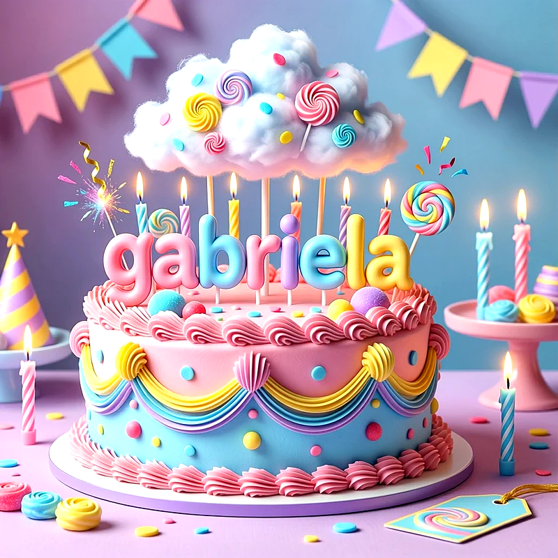 Tarta de cumpleaños colorida y festiva para Gabriela con nubes, dulces, velas encendidas y decoraciones en tonos pastel, con el nombre Gabriela escrito en letras grandes y divertidas.