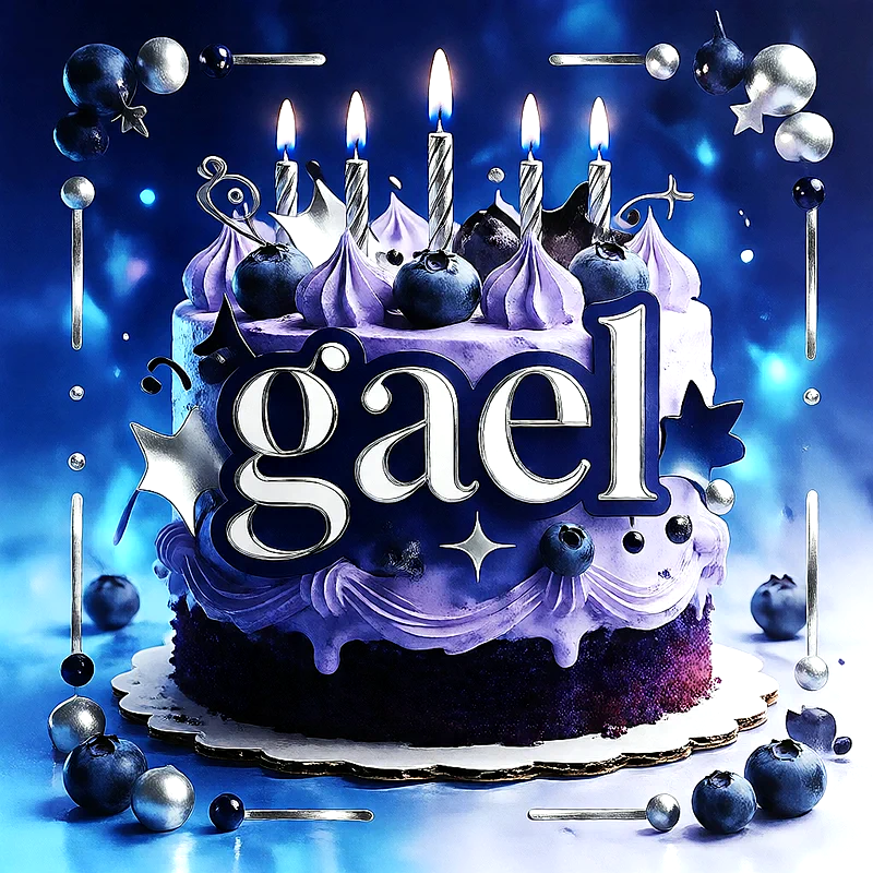Tarta de cumpleaños lila y azul decorada con arándanos, estrellas plateadas y velas encendidas, con el nombre Gael al frente.