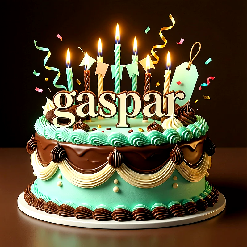 Tarta de cumpleaños verde pastel y chocolate con velas encendidas, guirnalda y el nombre Gaspar escrito en letras grandes al frente.