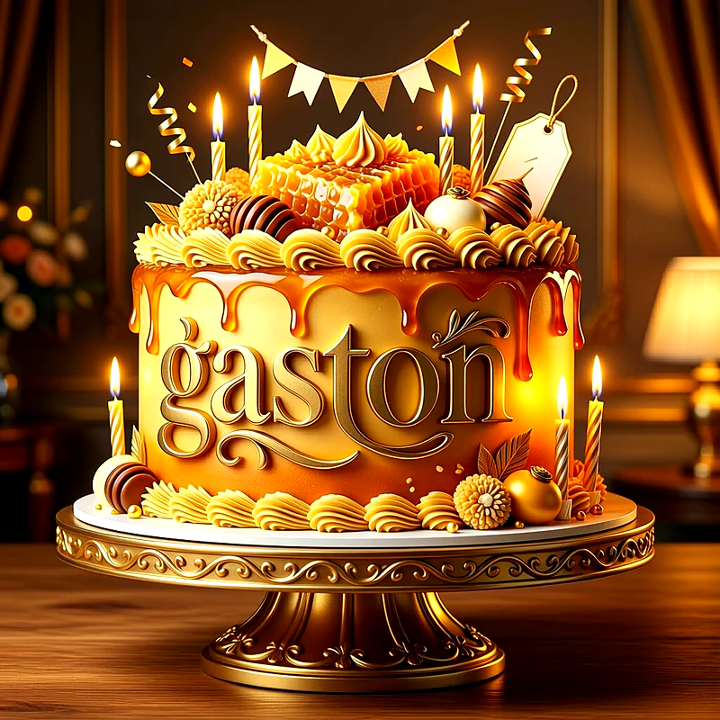 Tarta de cumpleaños dorada con caramelo, velas encendidas y dulces, con el nombre Gaston escrito en relieve en el centro.