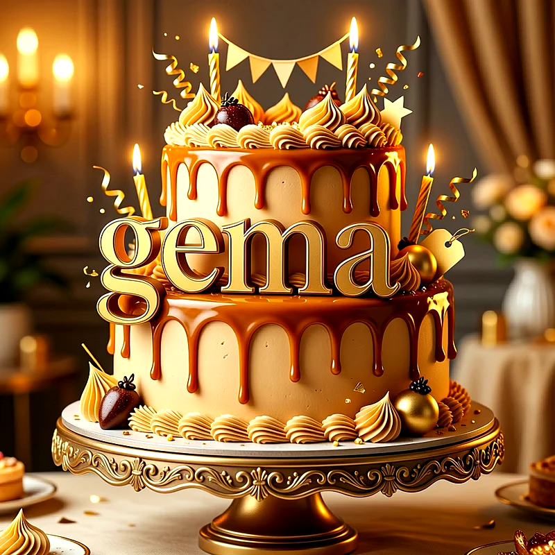 Tarta de cumpleaños de dos pisos en tonos dorados con cobertura chorreando caramelos y velas encendidas, con el nombre Gema escrito al frente en grandes letras doradas.