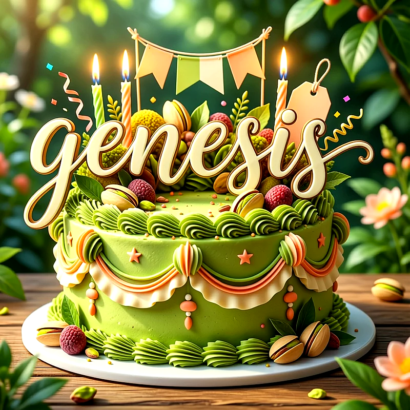 Tarta de cumpleaños de color verde decorada con pistachos, frambuesas y velas, con el nombre Genesis escrito arriba en letras elegantes.