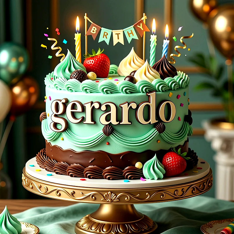 Tarta de cumpleaños verde y chocolate con fresas y velas encendidas, con el nombre Gerardo escrito al frente en letras doradas.