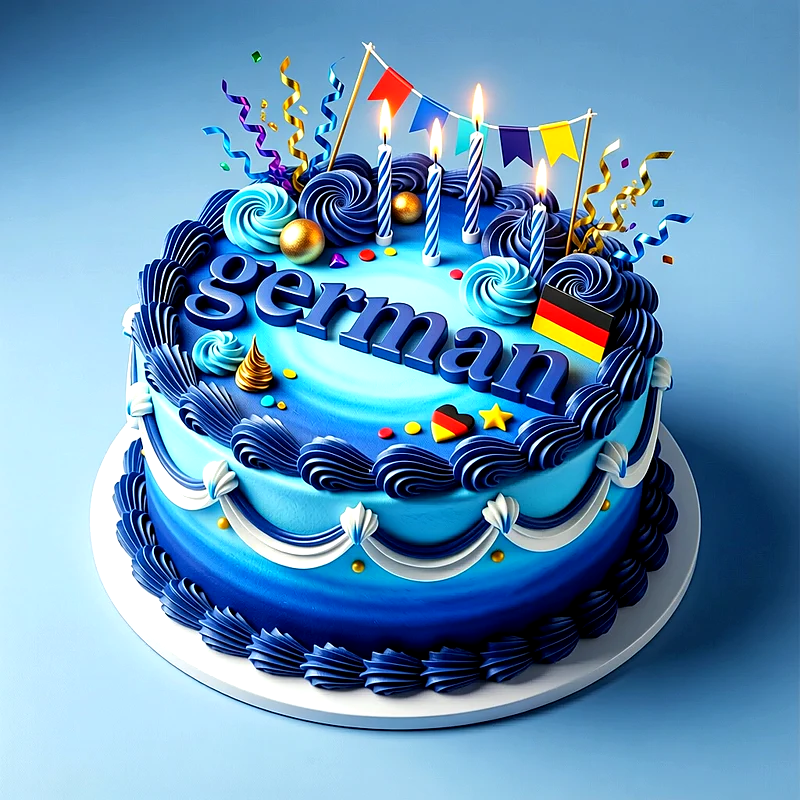 Tarta de cumpleaños de color azul decorada con velas encendidas, banderines de colores y detalles festivos, con el nombre German escrito en la parte superior.