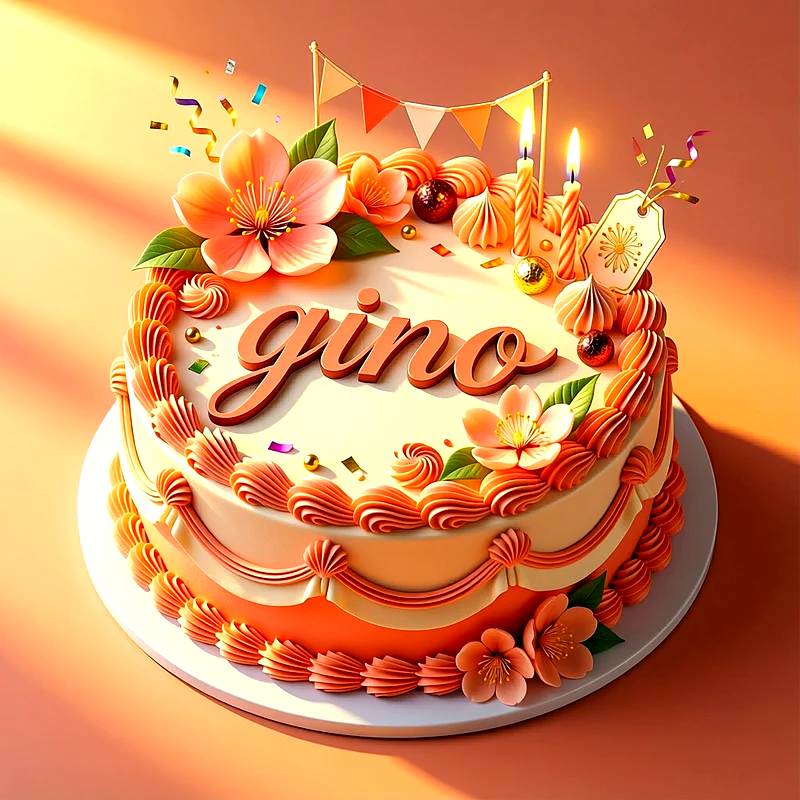 Tarta de cumpleaños en tonos naranjas y crema decorada con flores, velas encendidas y pequeños banderines con el nombre Gino escrito en el centro.
