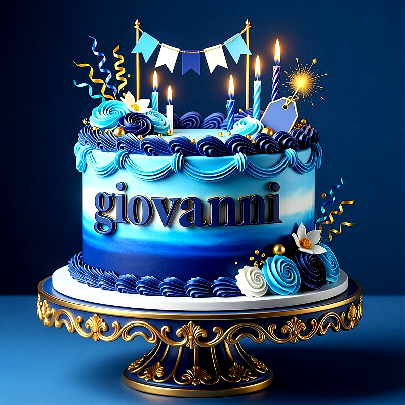 Tarta de cumpleaños en tonos azules con velas encendidas, guirnaldas y flores, con el nombre Giovanni escrito al frente en letras oscuras.