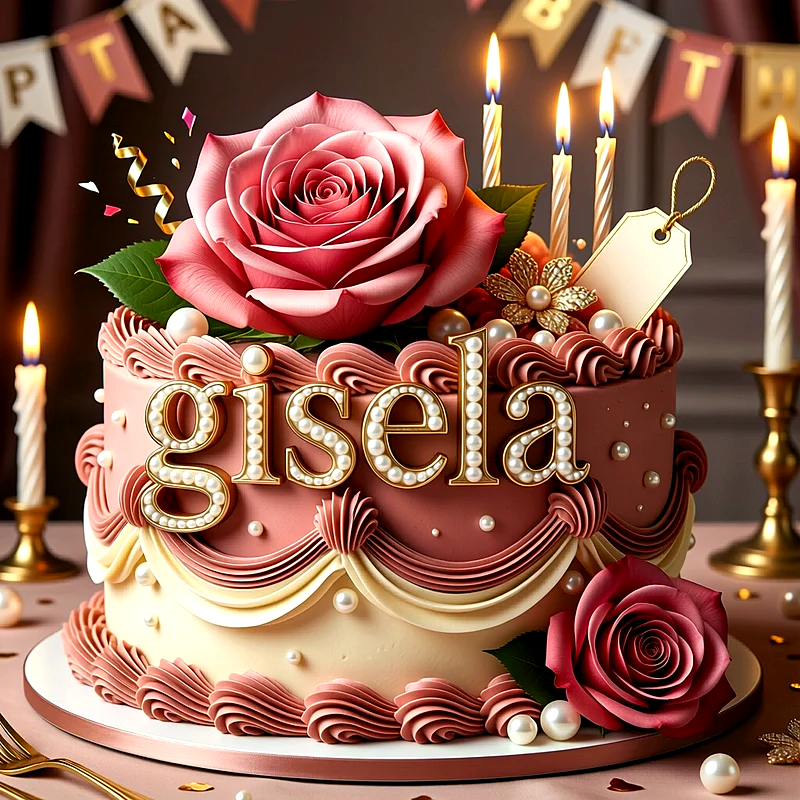 Tarta de cumpleaños rosa decorada con una gran rosa, perlas y velas encendidas con el nombre Gisela escrito en relieve.