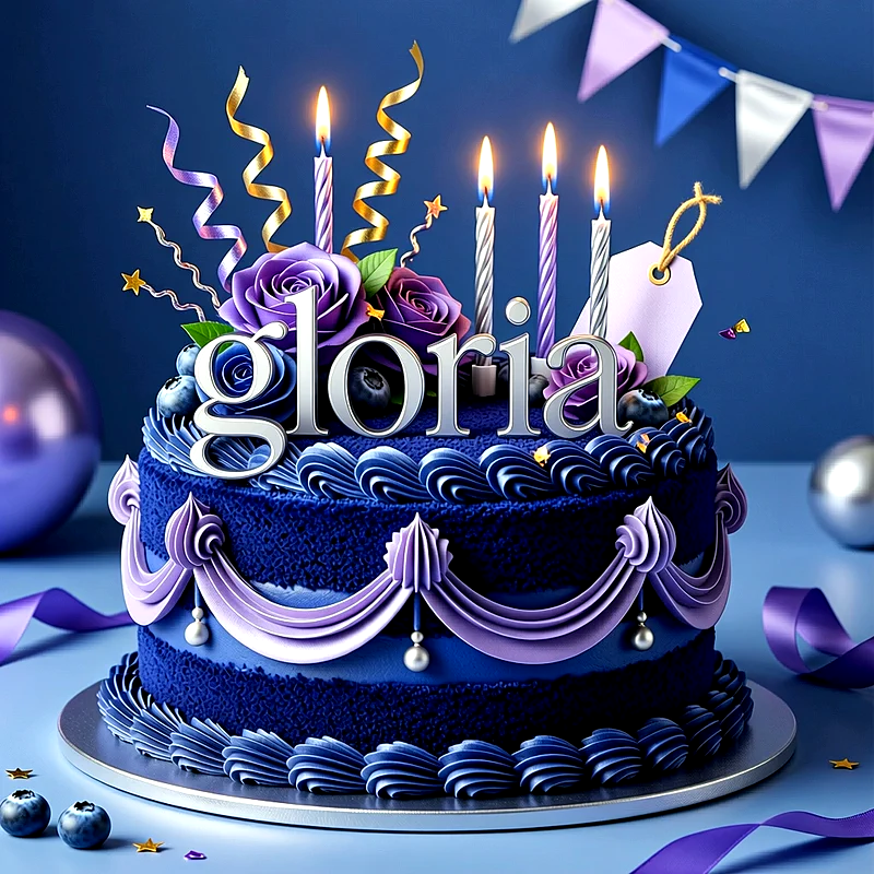 Tarta de cumpleaños azul con flores moradas, velas encendidas y adornos dorados, con el nombre Gloria en letras plateadas al frente.