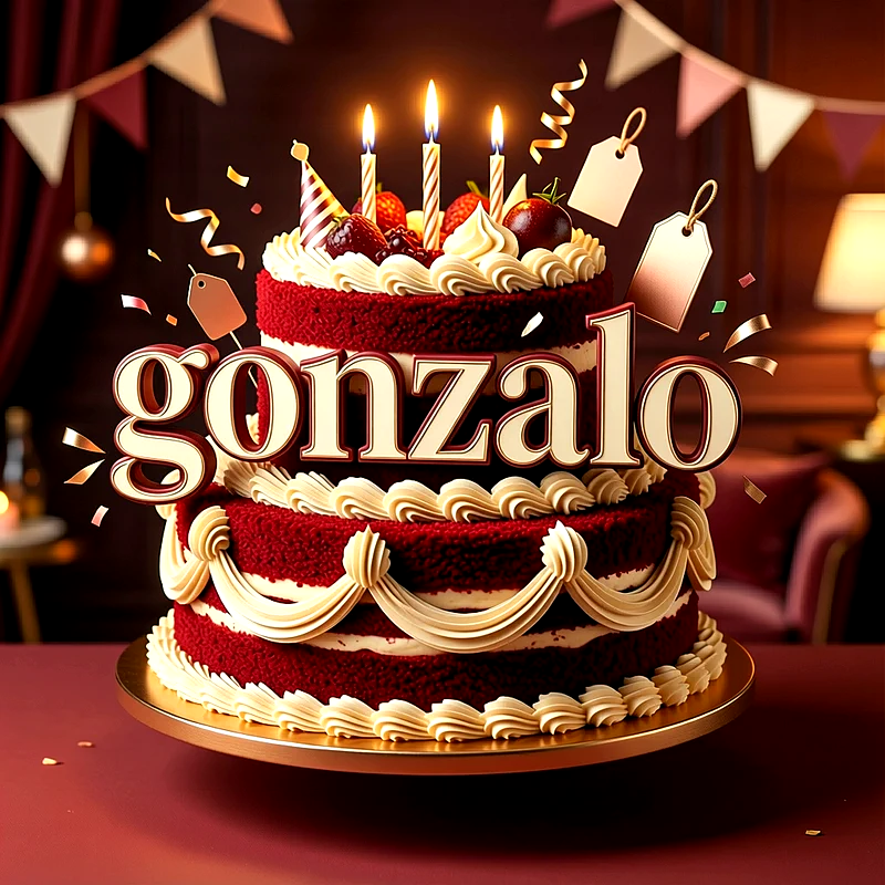 Tarta de cumpleaños roja de dos pisos con crema blanca, fresas, velas encendidas y el nombre Gonzalo escrito al frente.