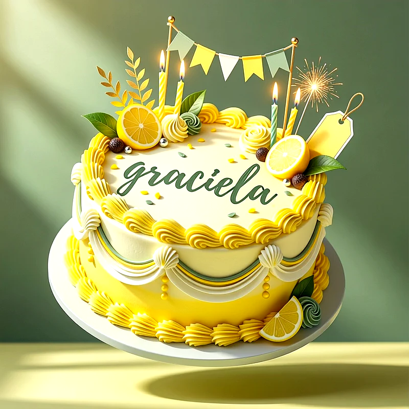 Tarta de cumpleaños amarilla con rodajas de limón, velas encendidas, guirnalda y el nombre Graciela escrito en la parte superior.