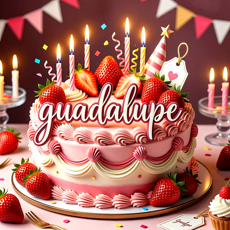 Tarta de cumpleaños rosa decorada con fresas frescas, velas encendidas y el nombre Guadalupe escrito al frente en letras blancas.