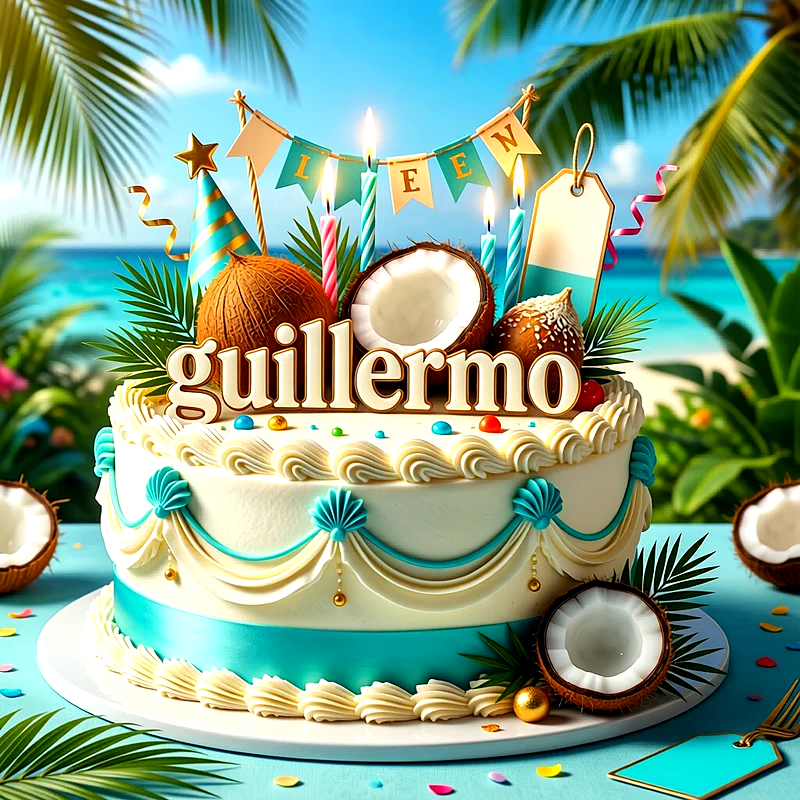 Tarta de cumpleaños blanca y azul de estilo tropical con cocos, velas encendidas y el nombre Guillermo escrito en letras destacadas al frente.