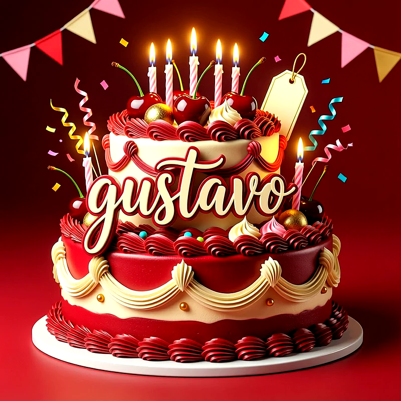 Tarta de cumpleaños de dos pisos en tonos rojo y crema, decorada con cerezas, velas encendidas y el nombre Gustavo escrito al frente.