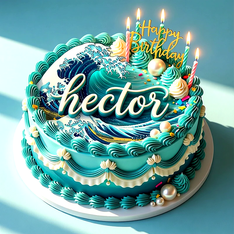 Tarta de cumpleaños en color azul turquesa decorada con olas de mar, perlas blancas, velas encendidas y el nombre Hector escrito en letras blancas.