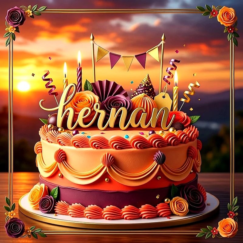 Tarta de cumpleaños decorada en tonos naranja y violeta con flores, velas encendidas y el nombre Hernan en letras doradas al frente.