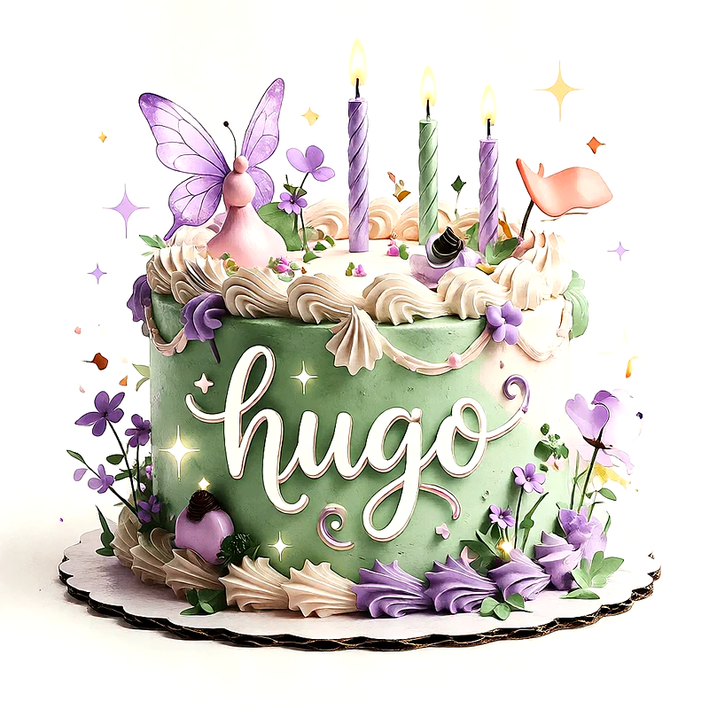 Tarta de cumpleaños verde decorada con flores violetas, mariposas y velas, con el nombre Hugo escrito en color blanco al frente.