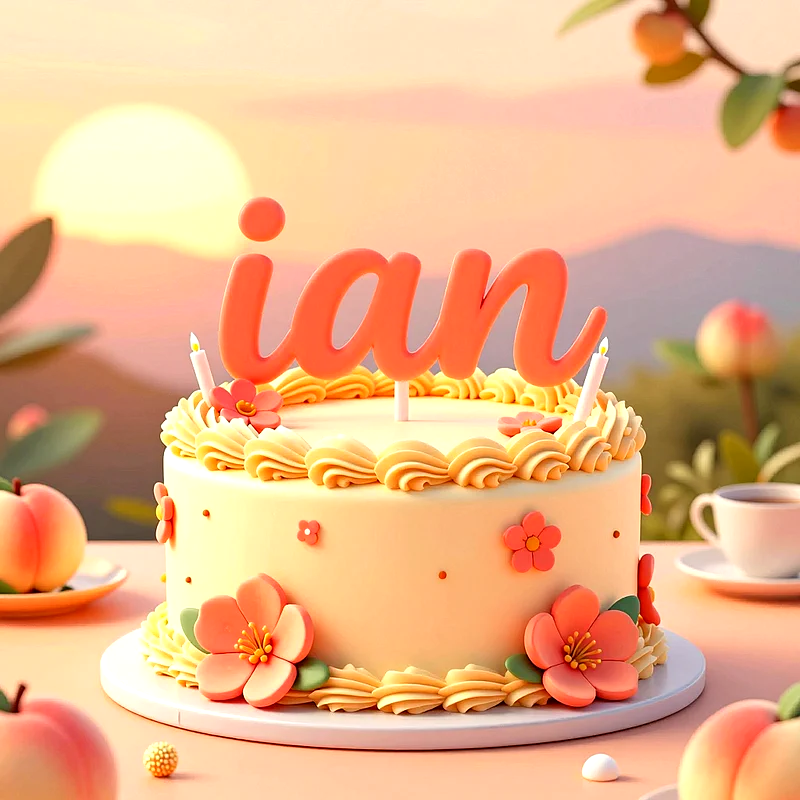 Tarta de cumpleaños blanca decorada con flores de durazno, crema amarilla y velas, con el nombre Ian en letras grandes de color naranja.