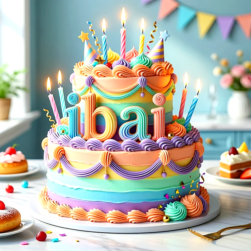 Tarta de cumpleaños de dos pisos multicolor con velas encendidas, sombreritos de fiesta y el nombre Ibai escrito al frente.