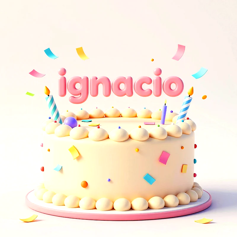 Tarta de cumpleaños blanca con crema, confeti de colores, velas encendidas y el nombre Ignacio escrito arriba en letras 3D de color rosa.