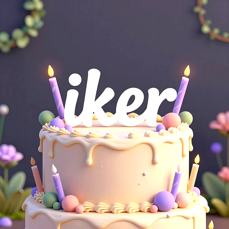 Tarta de cumpleaños de dos pisos en tono crema con velas lilas encendidas, esferas de colores y el nombre Iker en letras blancas.