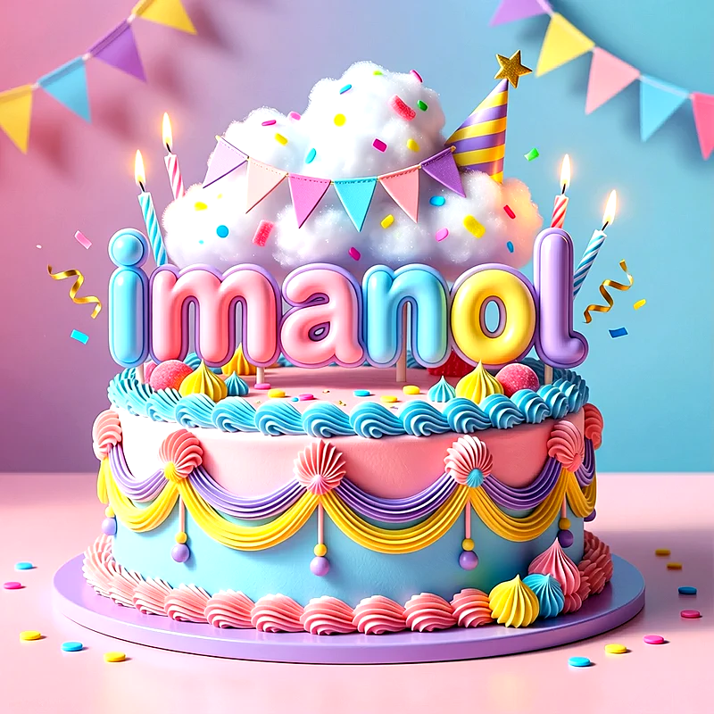 Tarta de cumpleaños infantil en tonos pastel con una nube, banderines y velas, con el nombre Imanol escrito en letras grandes de colores.
