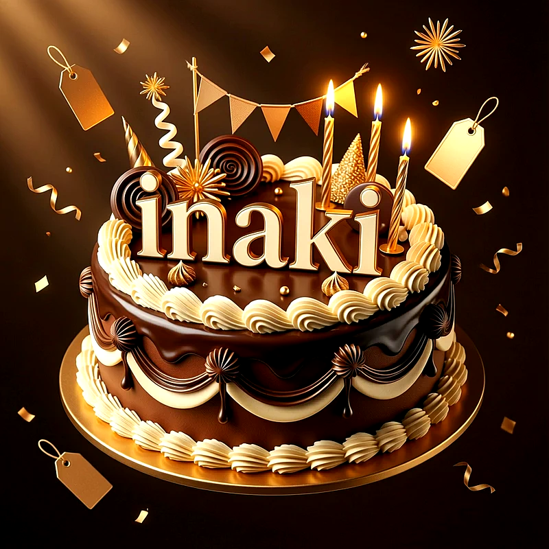 Tarta de cumpleaños de chocolate con crema blanca, velas encendidas, banderines y el nombre Inaki en letras doradas grandes.