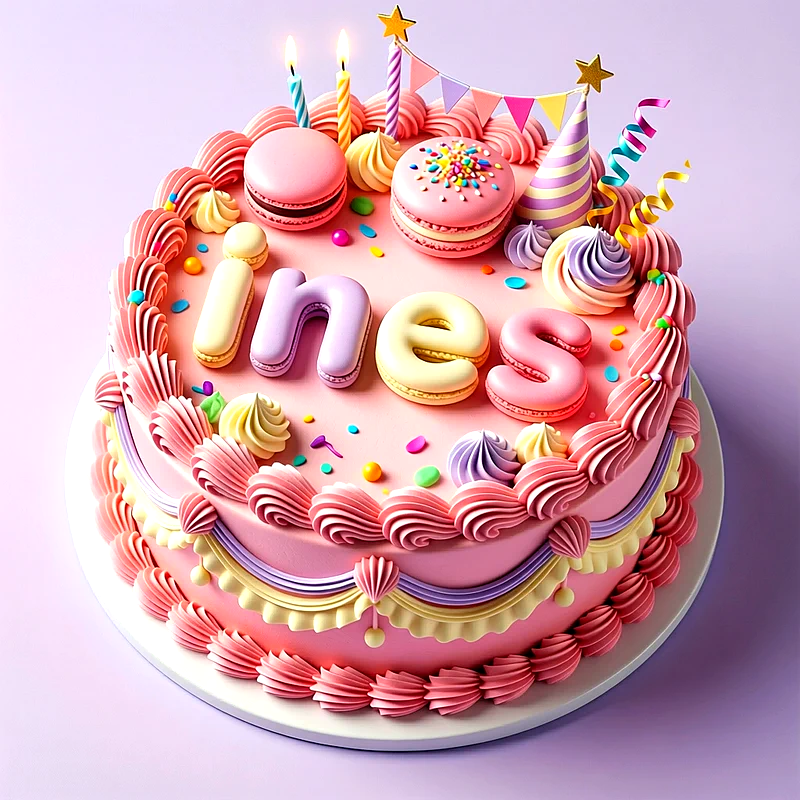 Tarta de cumpleaños rosa decorada con macarons, velas encendidas, banderines y el nombre Ines escrito en letras de colores pastel.