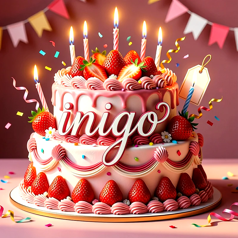 Tarta de dos pisos decorada con fresas frescas, velas encendidas y crema rosa, con el nombre Inigo escrito en letras blancas en el centro.