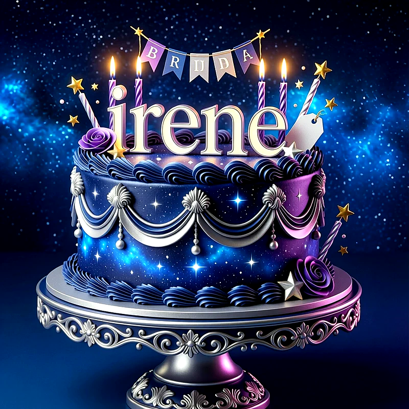 Tarta de cumpleaños azul y lila con estrellas y velas encendidas, con el nombre Irene escrito en letras grandes sobre la cobertura.