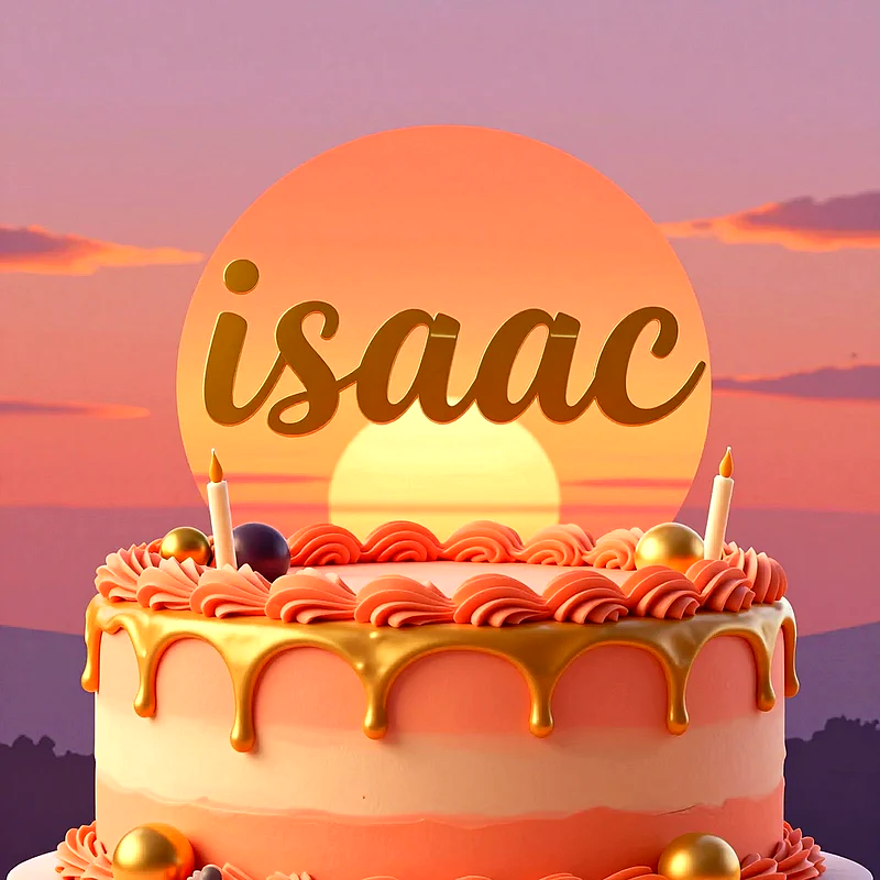 Tarta de cumpleaños en tonos naranja y rosa con glaseado dorado, velas encendidas y un cartel con el nombre Isaac.
