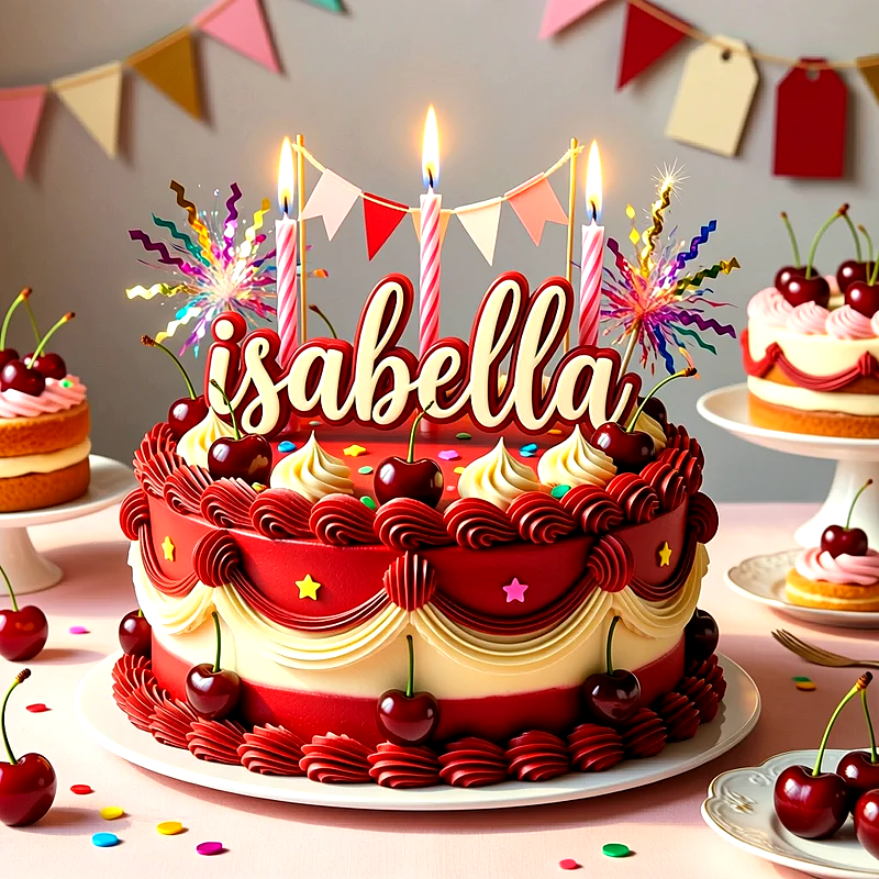 Tarta de cumpleaños roja y blanca decorada con cerezas frescas, velas encendidas, guirnalda y el nombre Isabella al centro.