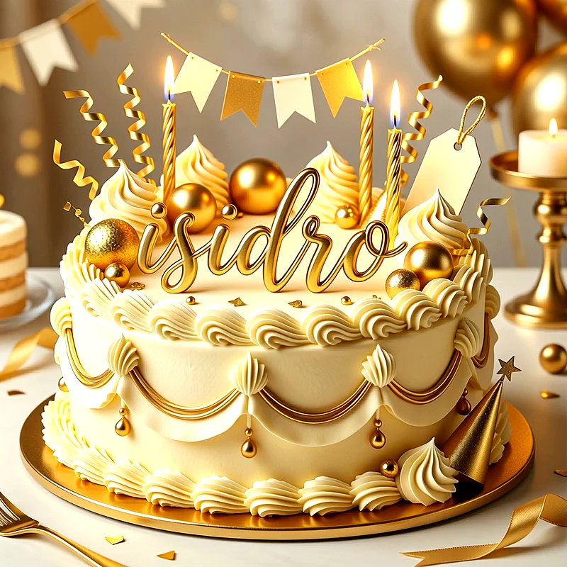 Tarta de cumpleaños blanca y dorada con velas encendidas, esferas de chocolate dorado y el nombre Isidro escrito en letras doradas elegantes.