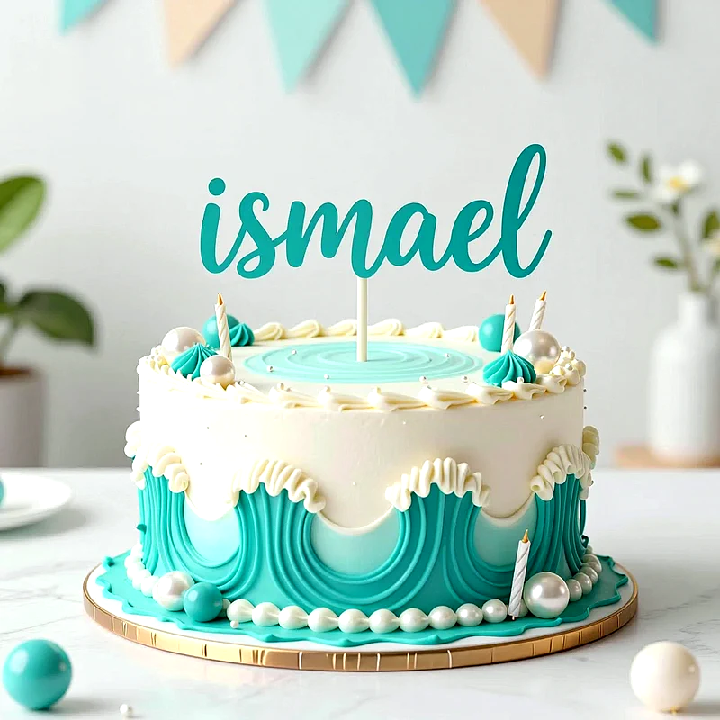 Tarta de cumpleaños blanca y turquesa decorada con ondas, perlas y pequeñas velas, con un adorno del nombre Ismael en la parte superior.