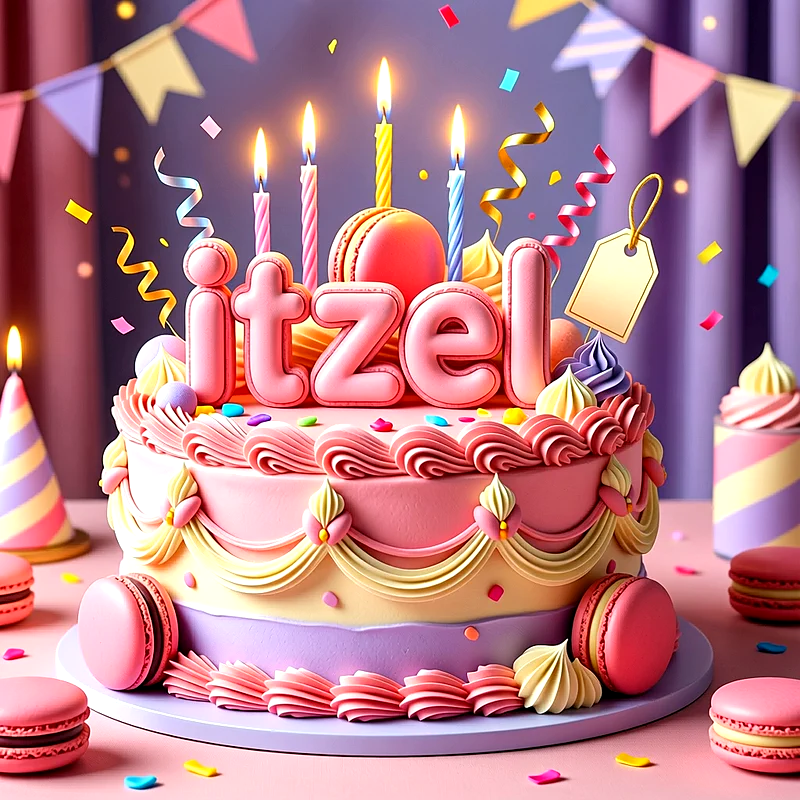 Tarta de cumpleaños rosa con crema, velas encendidas, macarons y serpentinas, con el nombre Itzel en grandes letras modeladas en la parte superior.