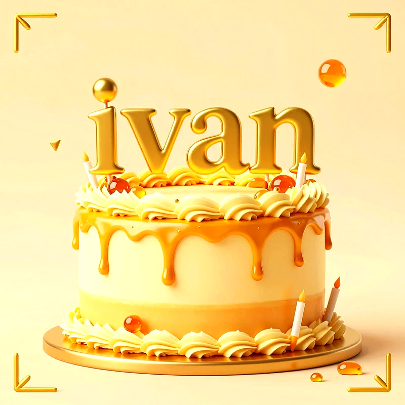 Tarta de cumpleaños dorada y crema decorada con velas, crema batida y el nombre Ivan en grandes letras doradas encima.