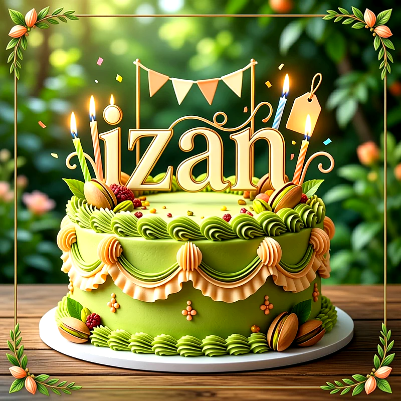 Tarta de cumpleaños de color verde con macarons, pequeñas banderines, velas encendidas y el nombre Izan grande en la parte superior.