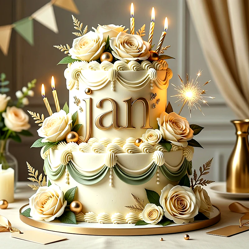 Tarta de cumpleaños de dos pisos elegante en color crema con rosas blancas, detalles dorados, velas encendidas y el nombre Jan escrito al frente.